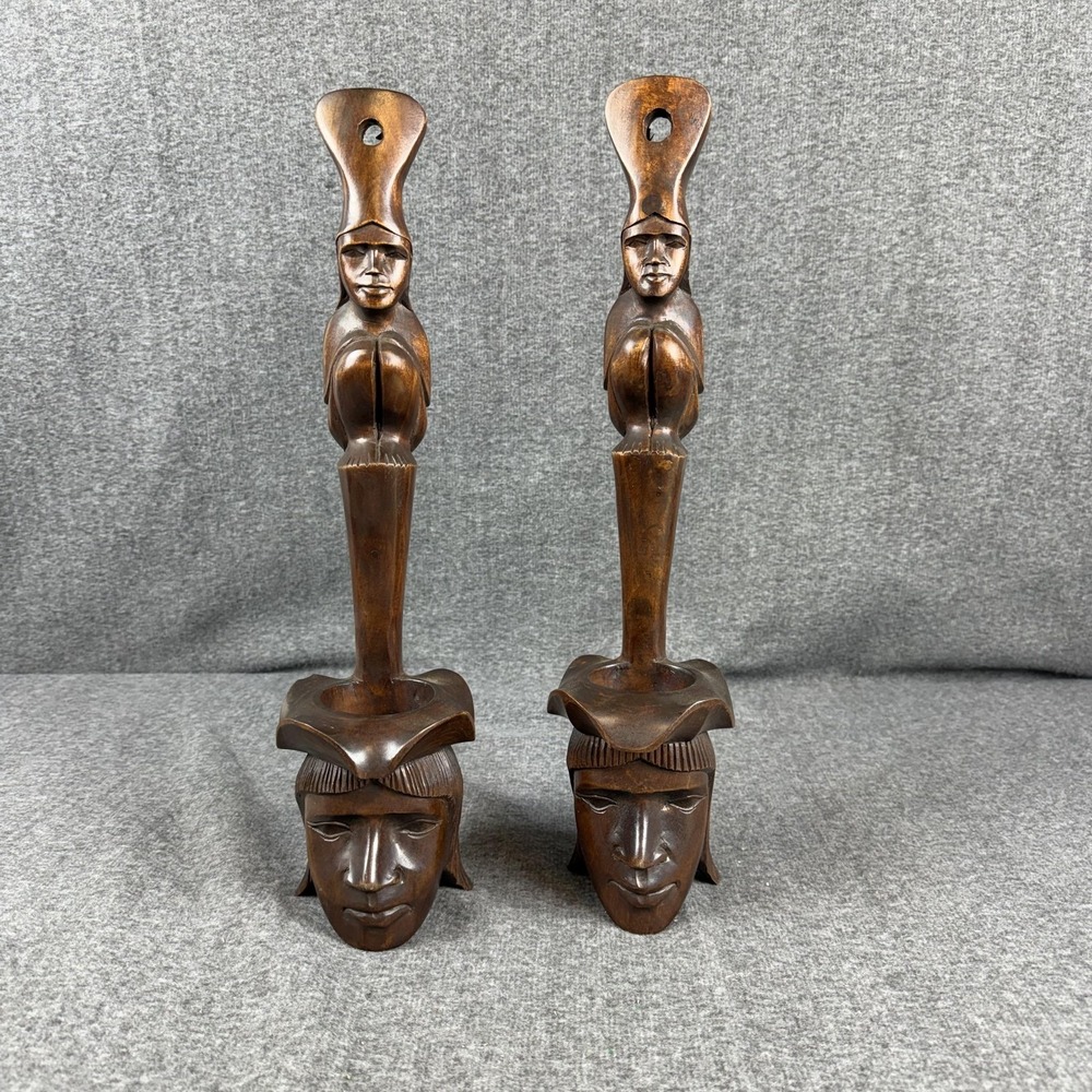Vintage Carved Wood People Sculptures Pair Large Brown Ethnic Figurines